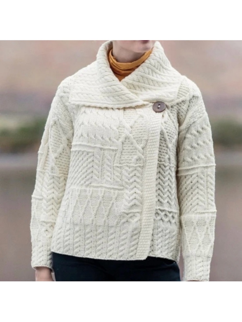 Cozy Cream  Wool Cable Knit Funnel Neck Sweater with Button Accent